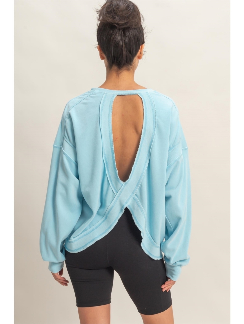Blue Mineral Wash Oversized Cross Detail Open-Back Raw Edge Pullover